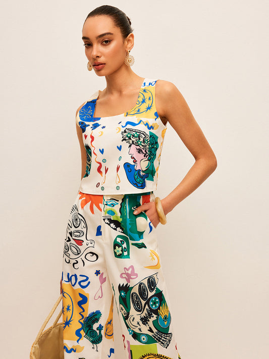 Grafische Print Crop Top Met Brede Pantalon Set