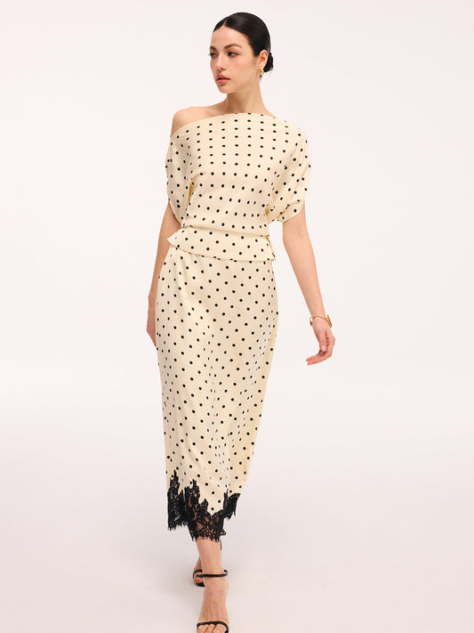Polka Dot Top & Kant Trim Midi Rok Set