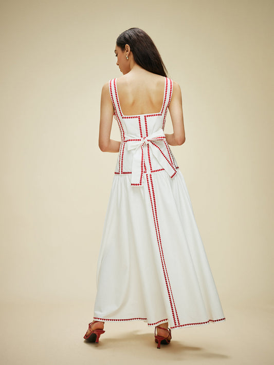 Katoenen Jurk met Contrasterende Bies en Rugstrik