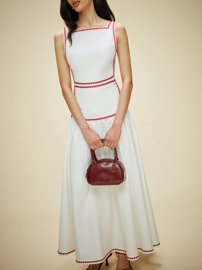 Katoenen Jurk met Contrasterende Bies en Rugstrik