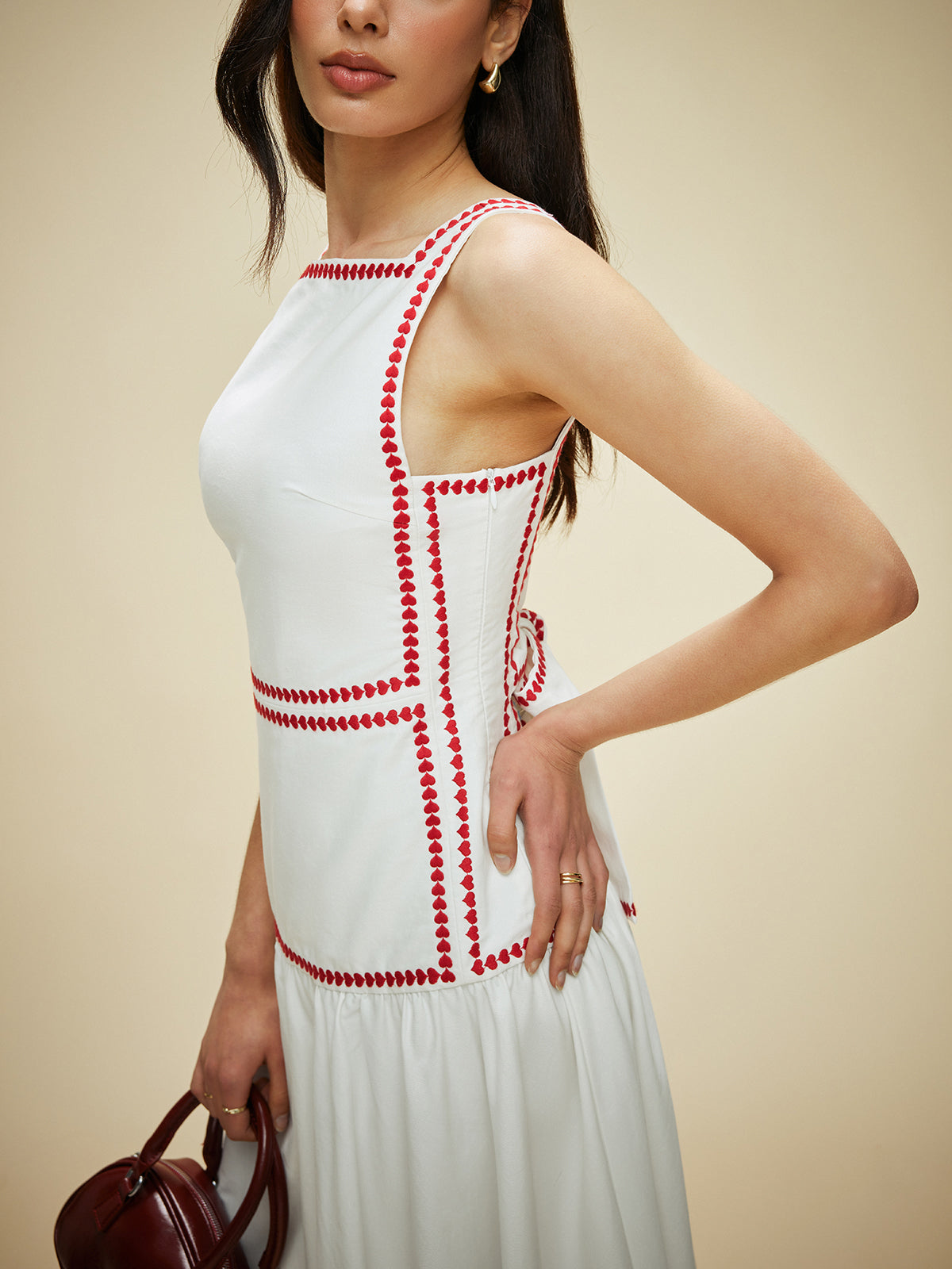 Katoenen Jurk met Contrasterende Bies en Rugstrik