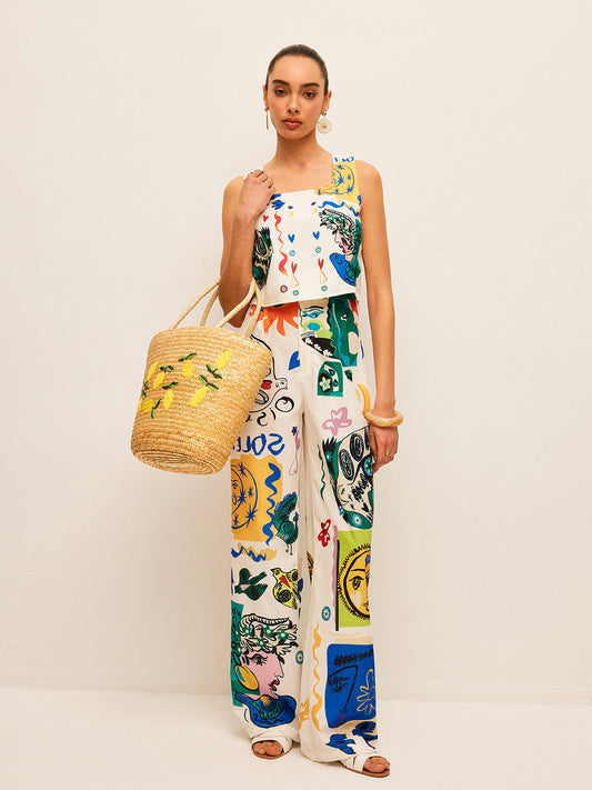 Grafische Print Crop Top Met Brede Pantalon Set