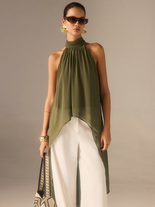 Semi-doorzichtige Halter-Neck Chiffon Lange Top