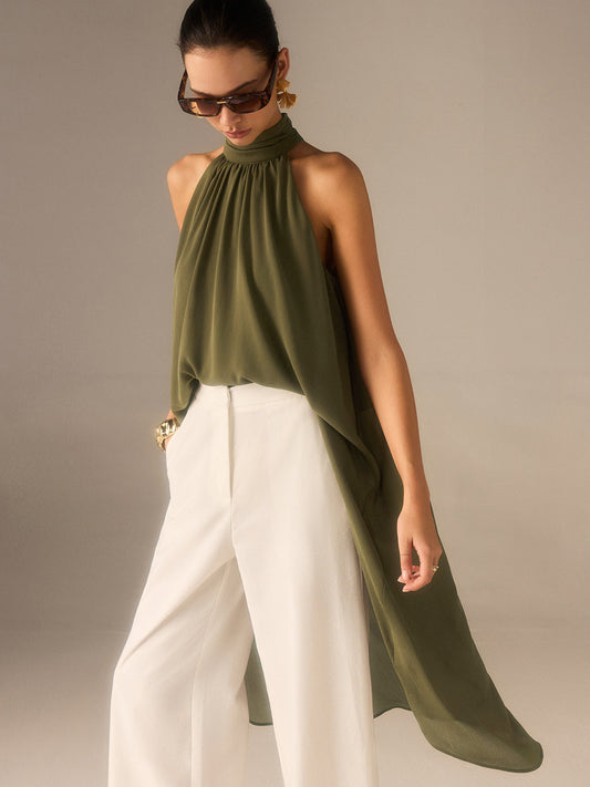 Semi-doorzichtige Halter-Neck Chiffon Lange Top