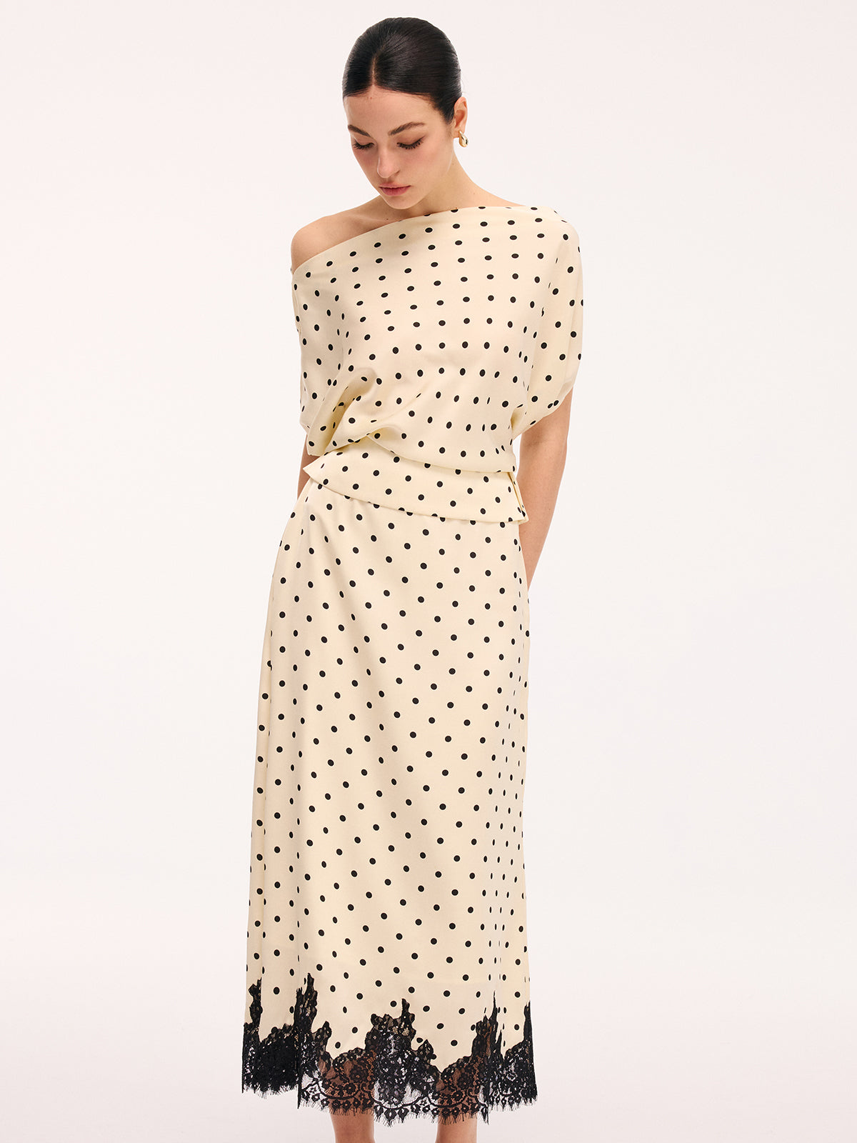 Polka Dot Top &amp; Kant Trim Midi Rok Set