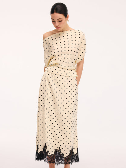 Polka Dot Top &amp; Kant Trim Midi Rok Set