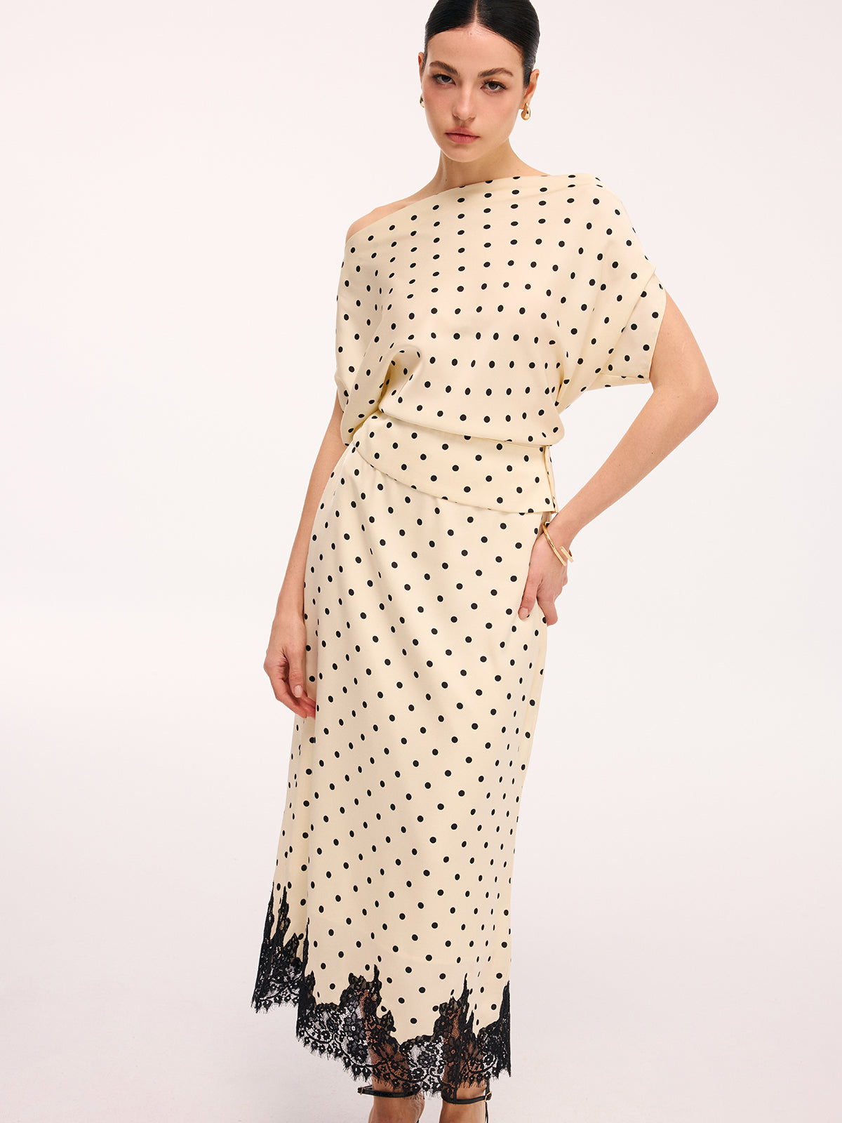 Polka Dot Top &amp; Kant Trim Midi Rok Set