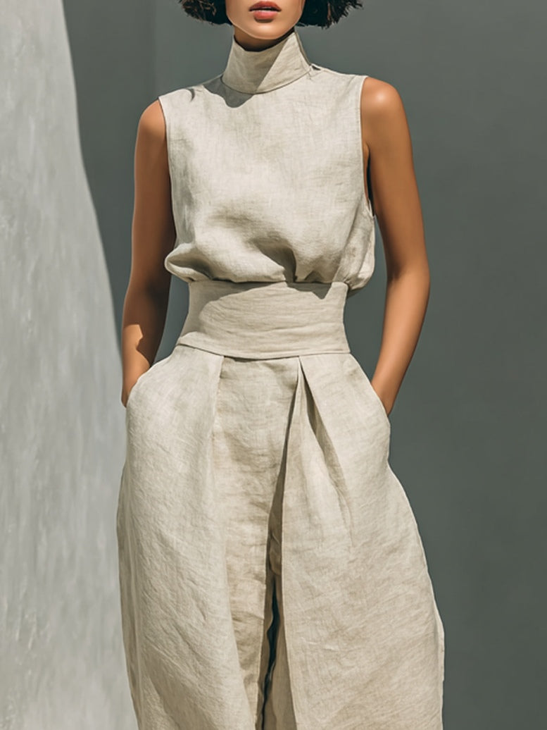Beige faux katoen-linnenmix mouwloze top en wijde broekset