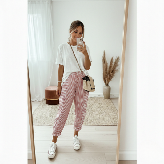 Ros Linnenmix Gestreepte Broek