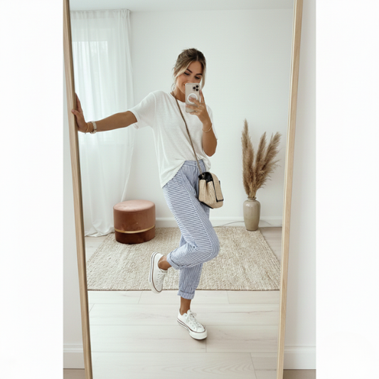Ros Linnenmix Gestreepte Broek